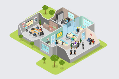 Bureau d'entreprise avec un organigramme de clés pour la gestion des accès.