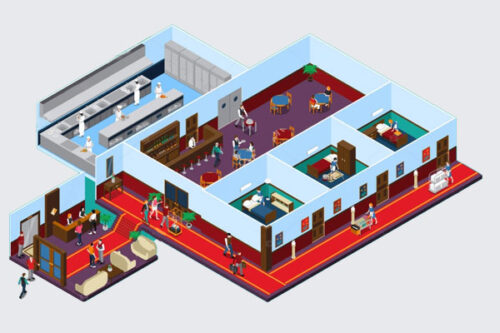 Vue d'un restaurant utilisant un organigramme de clés pour la gestion des accès.