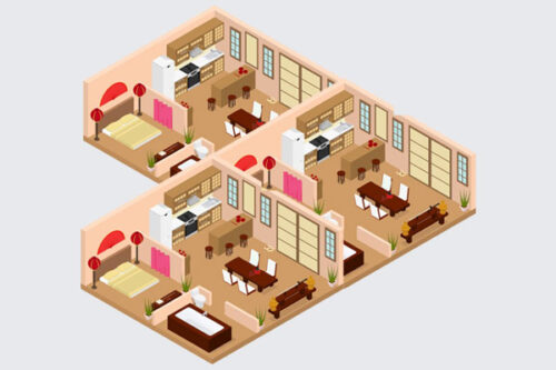 Image isométrique 3D d'une résidence, vue détaillée de l'architecture et de l'aménagement des bâtiments.